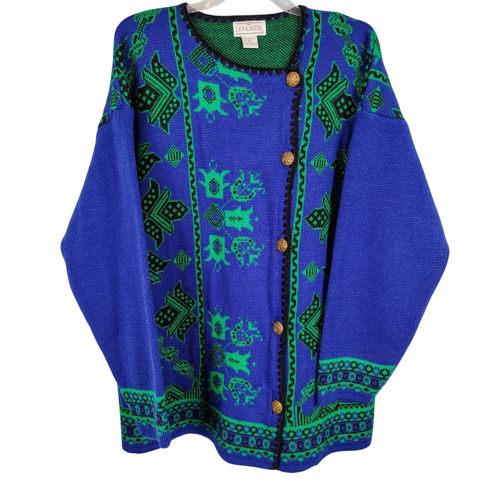 Doncaster Womens L Cardigan Blue Green Wool Blend Geometric Grandma Core Vintage